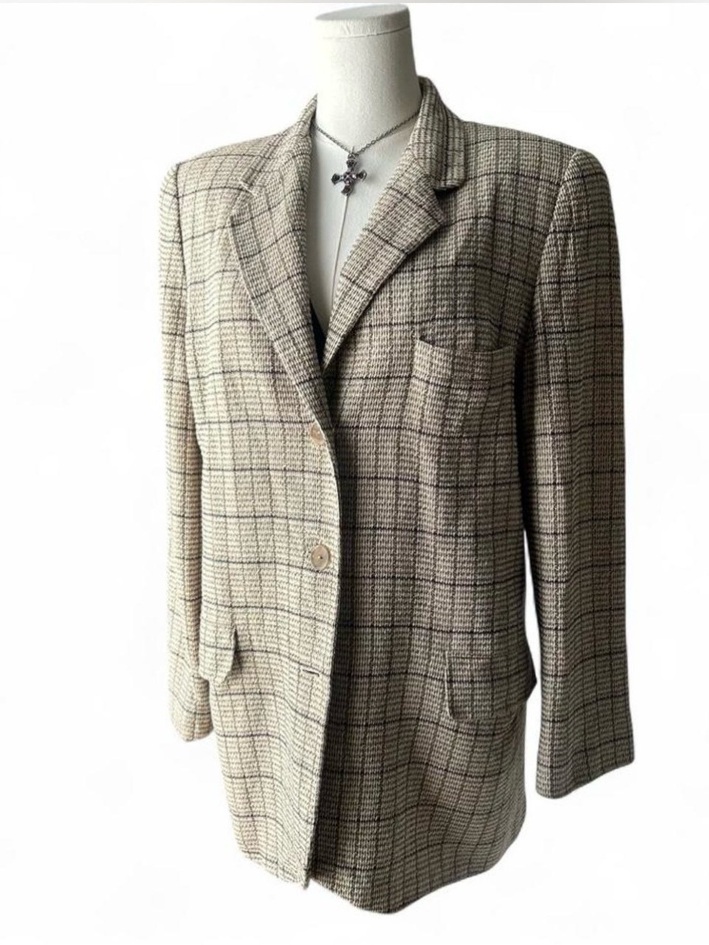 Ellen Tracy Tan Plaid Blazer Silk Wool Blend Long Woman Size 10 Vintage